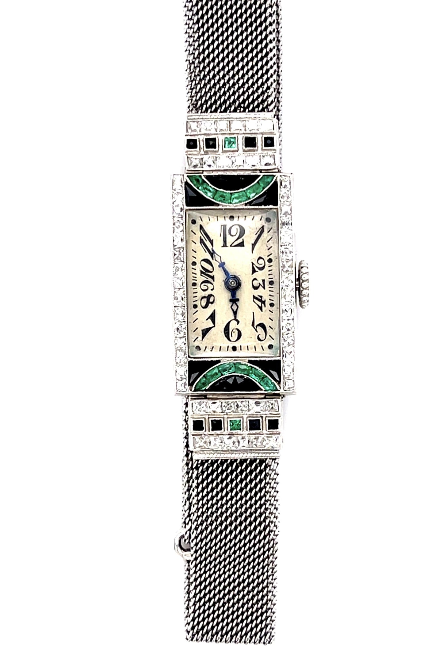 Art Deco (Circa 1920s) Antique PT Watch 1.55ct French-cut Diamonds .55ct Emerald