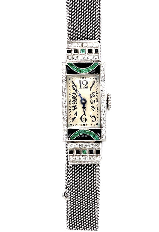 Art Deco (Circa 1920s) Antique PT Watch 1.55ct French-cut Diamonds .55ct Emerald