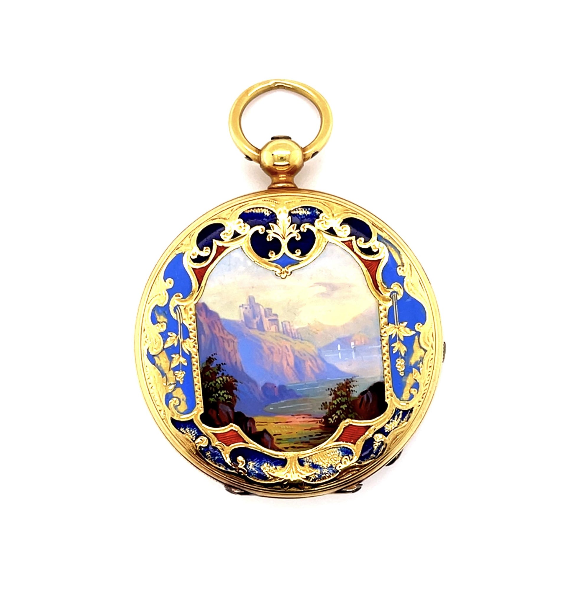 Original French Victorian Enamel + Hand painted 18KY Pocket Watch
