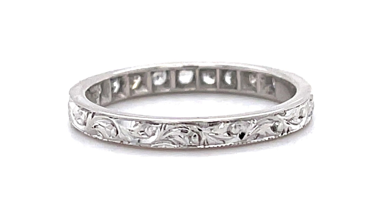 Original Art Deco .34ct Single-cut Diamond 18KW Engraved Ring Band