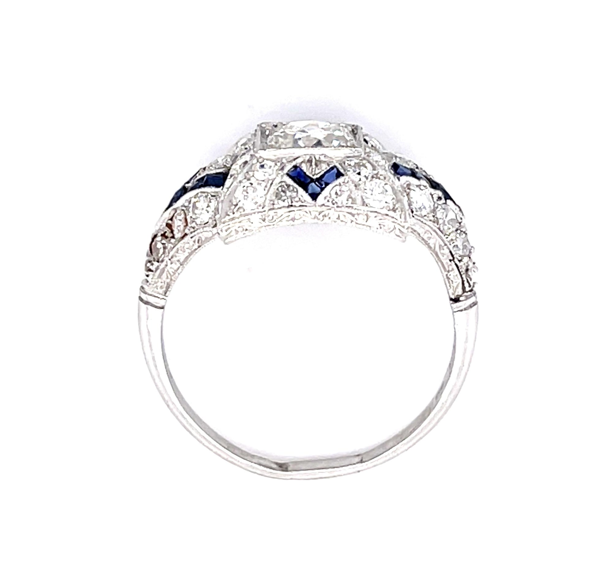 Art Deco .80ct Old European Cut Diamond .80ct Sapphires 1ct (40 SD) PT Ring