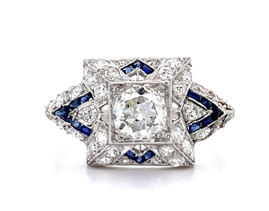 Art Deco .80ct Old European Cut Diamond .80ct Sapphires 1ct (40 SD) PT Ring