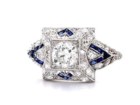 Art Deco .80ct Old European Cut Diamond .80ct Sapphires 1ct (40 SD) PT Ring