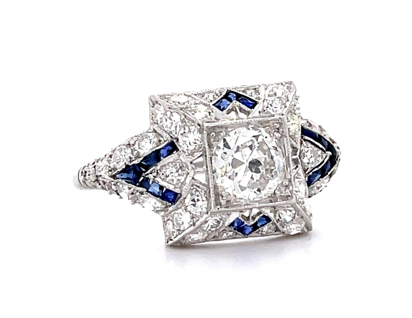 Art Deco .80ct Old European Cut Diamond .80ct Sapphires 1ct (40 SD) PT Ring
