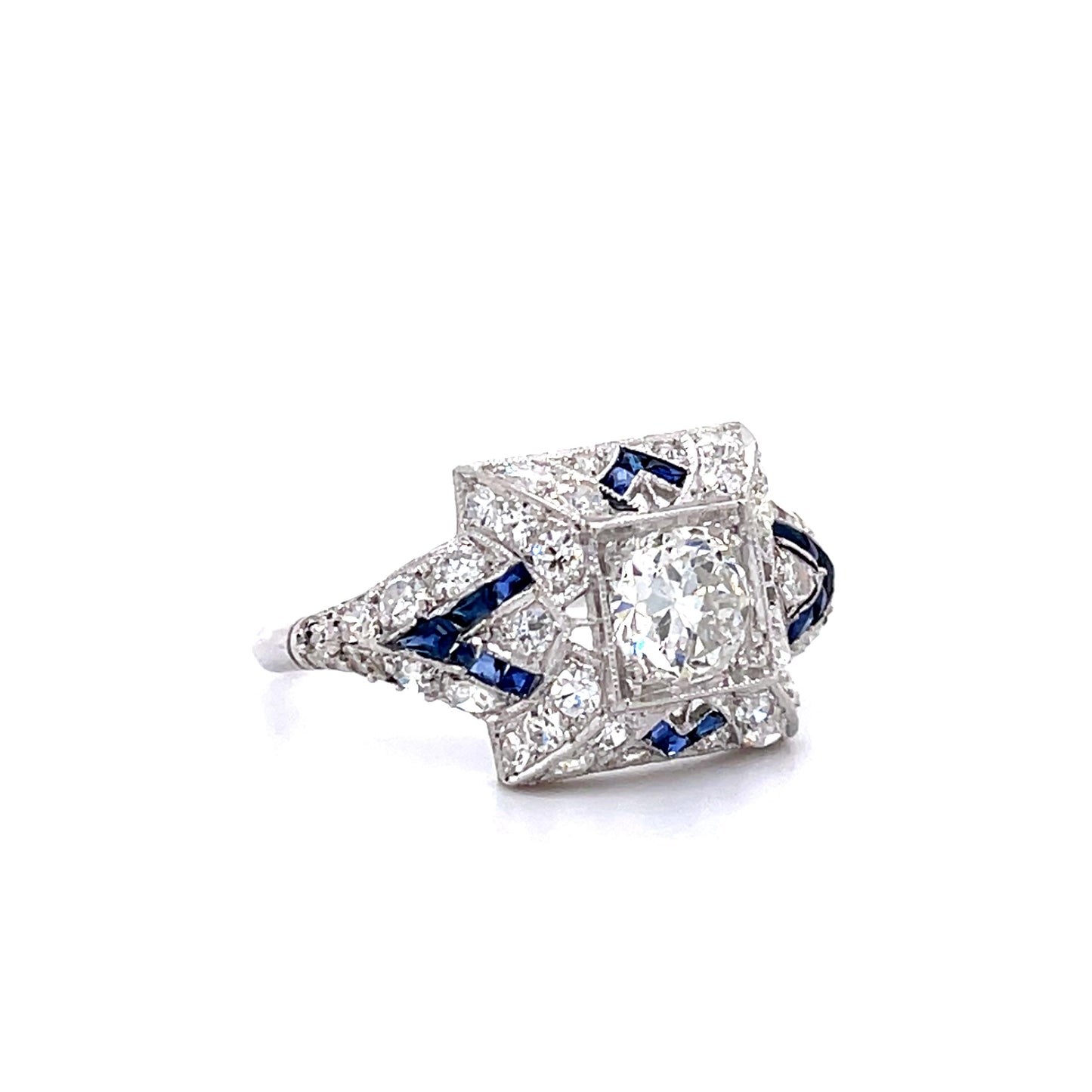 Art Deco .80ct Old European Cut Diamond .80ct Sapphires 1ct (40 SD) PT Ring