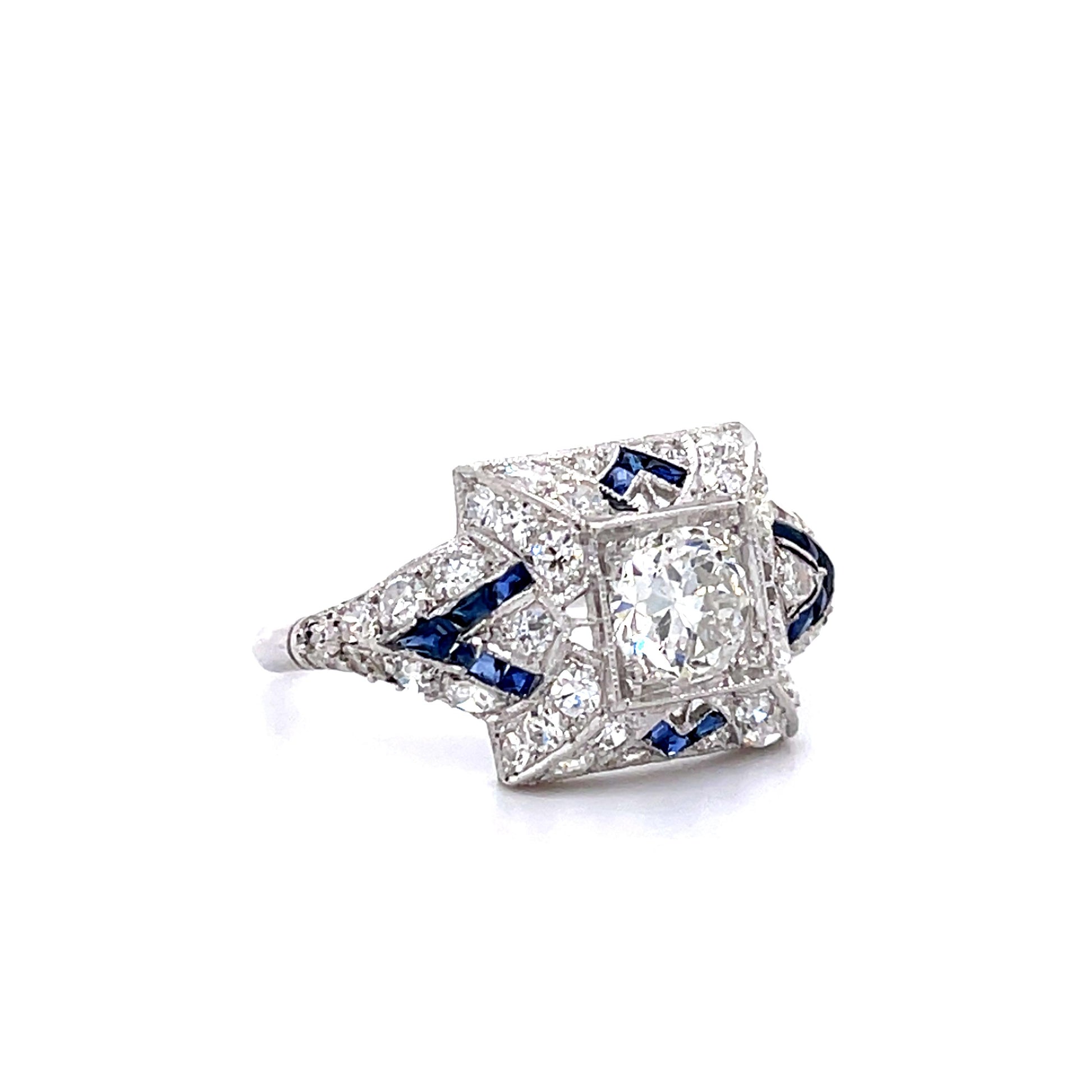 Art Deco .80ct Old European Cut Diamond .80ct Sapphires 1ct (40 SD) PT Ring