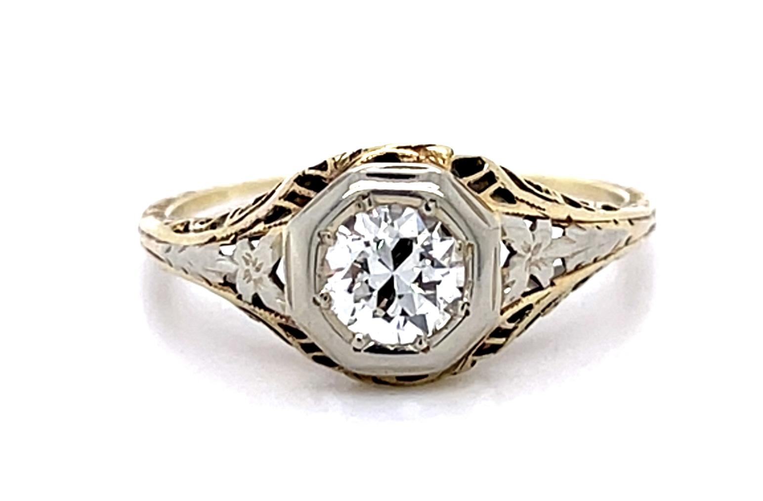 Original Art Deco .38ct Euro Diamond 14K 2 Tone Ring (Antique 1920s)