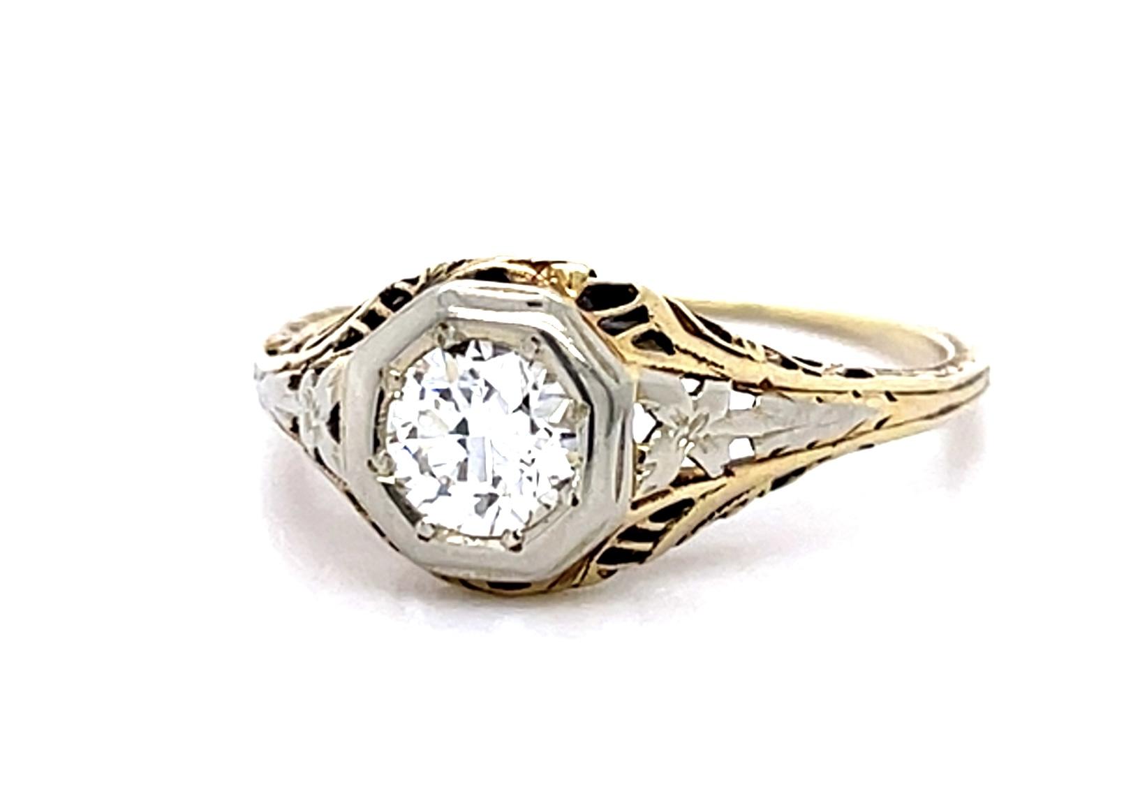 Original Art Deco .38ct Euro Diamond 14K 2 Tone Ring (Antique 1920s)