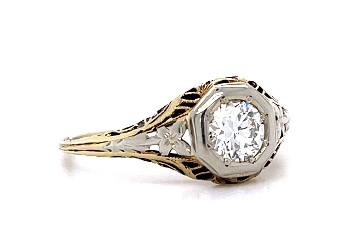 Original Art Deco .38ct Euro Diamond 14K 2 Tone Ring (Antique 1920s)