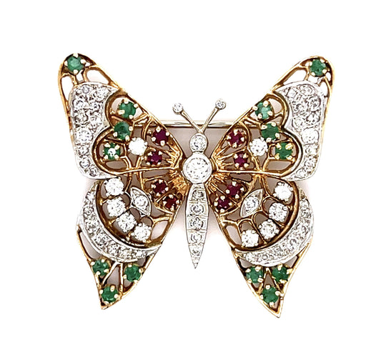 1.20ct (55 Diamond) .75ct Eme + Ruby 14KY Butterfly Brooch (Vintage 1960s)