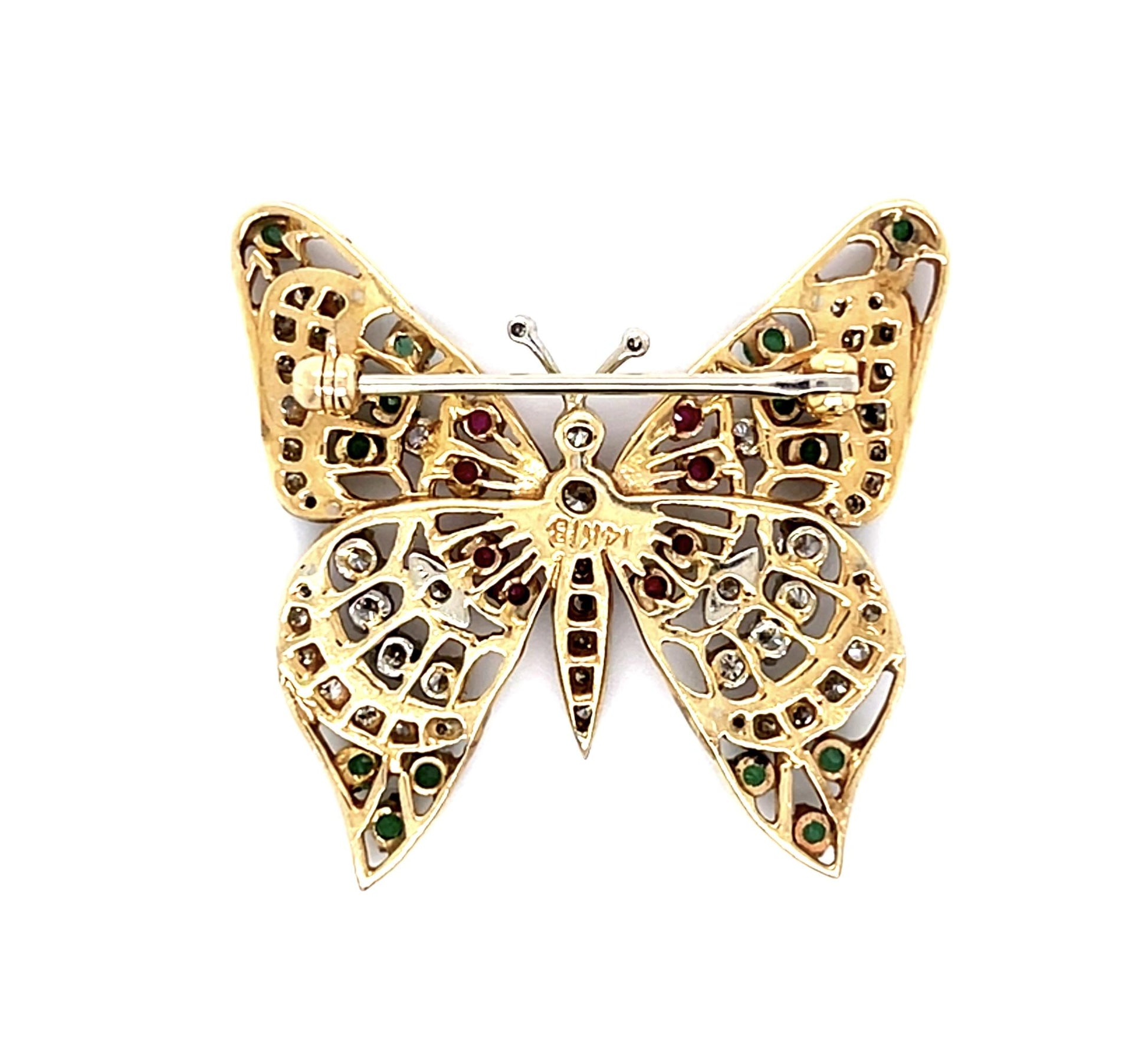 1.20ct (55 Diamond) .75ct Eme + Ruby 14KY Butterfly Brooch (Vintage 1960s)