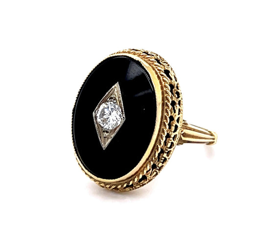 Original Victorian .15ct OEC Dia + Onyx 10KY Ring (Antique 1890s)