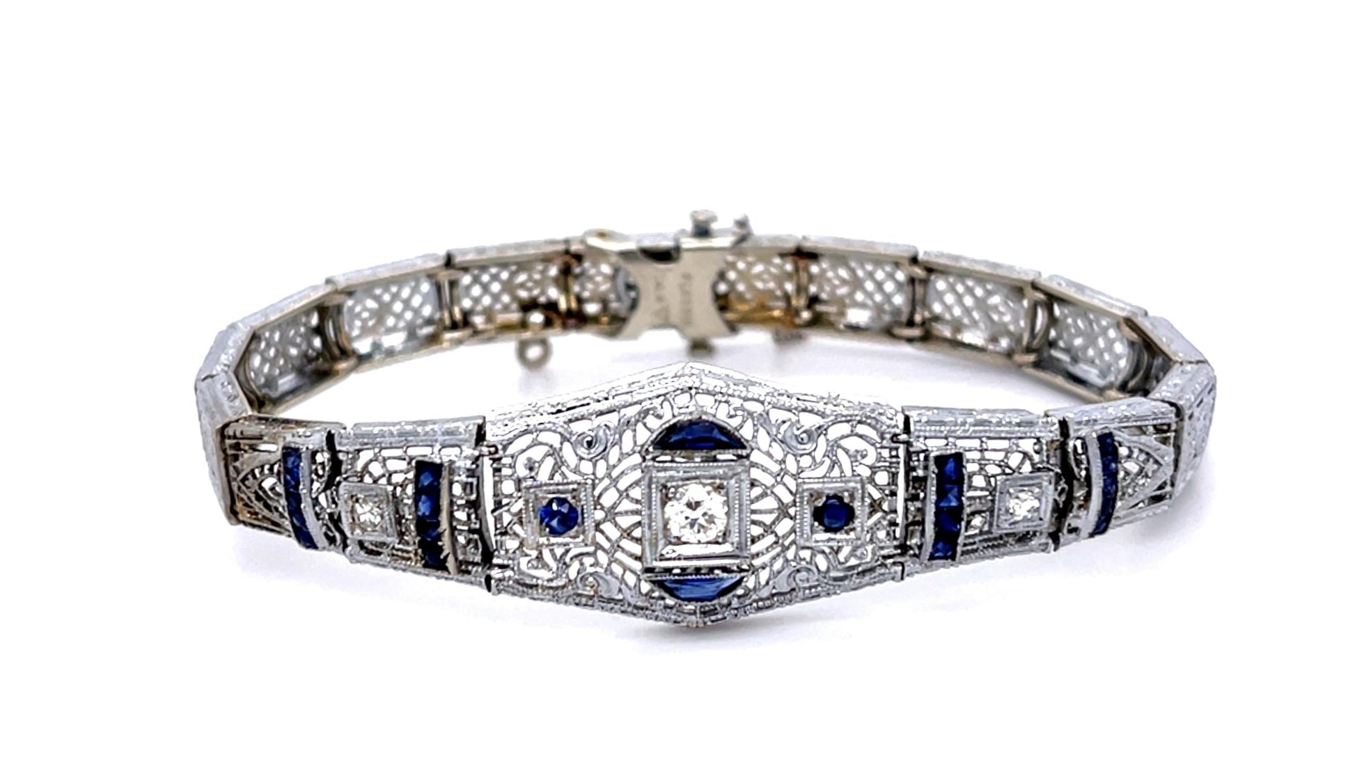 Original Art Deco .38ct Euro Diamond 14KW Filigree Bracelet