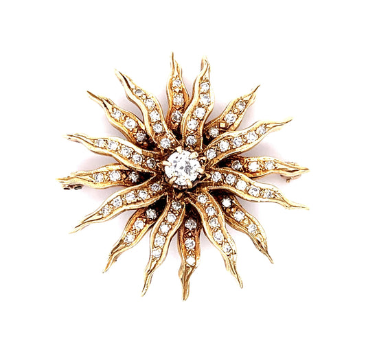 Original Victorian .60ct Old European Diamond Center 14KY Starburst Brooch