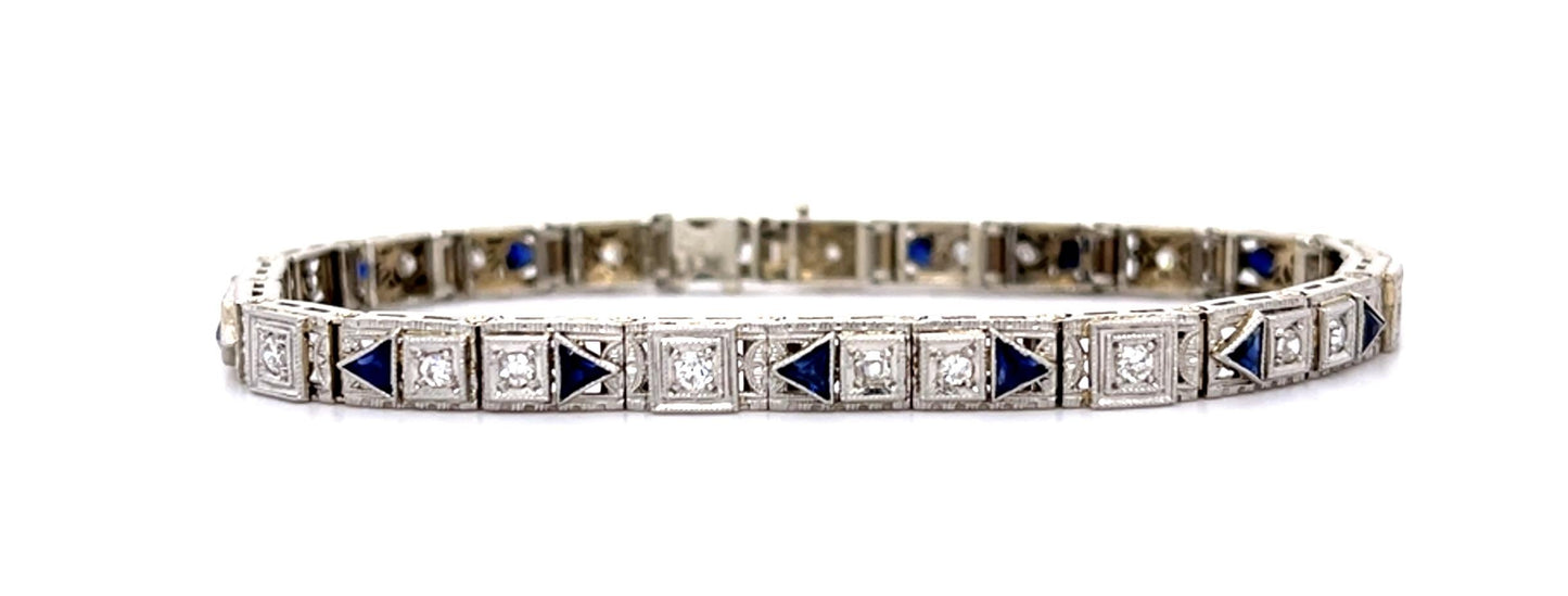 Original Art Deco .80ct Euro Diamond 14KW + Platinum Bracelet (Vintage 1930s)
