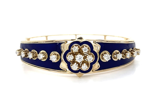 1.70ct Diamond + Enamel 14KY Revival Bangle Bracelet (Vintage 1950s)