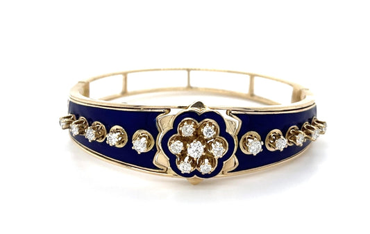 1.70ct Diamond + Enamel 14KY Revival Bangle Bracelet (Vintage 1950s)