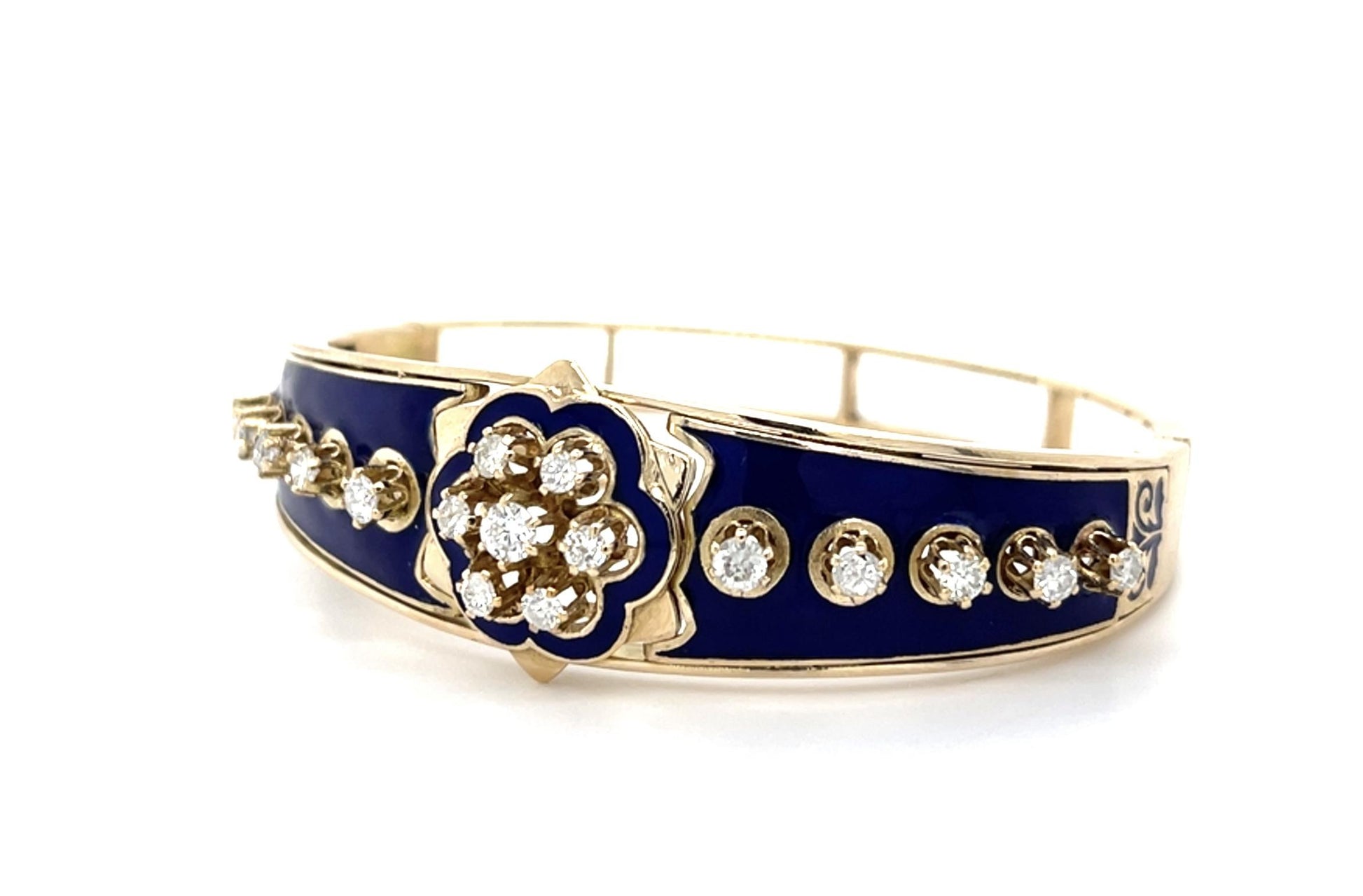 1.70ct Diamond + Enamel 14KY Revival Bangle Bracelet (Vintage 1950s)
