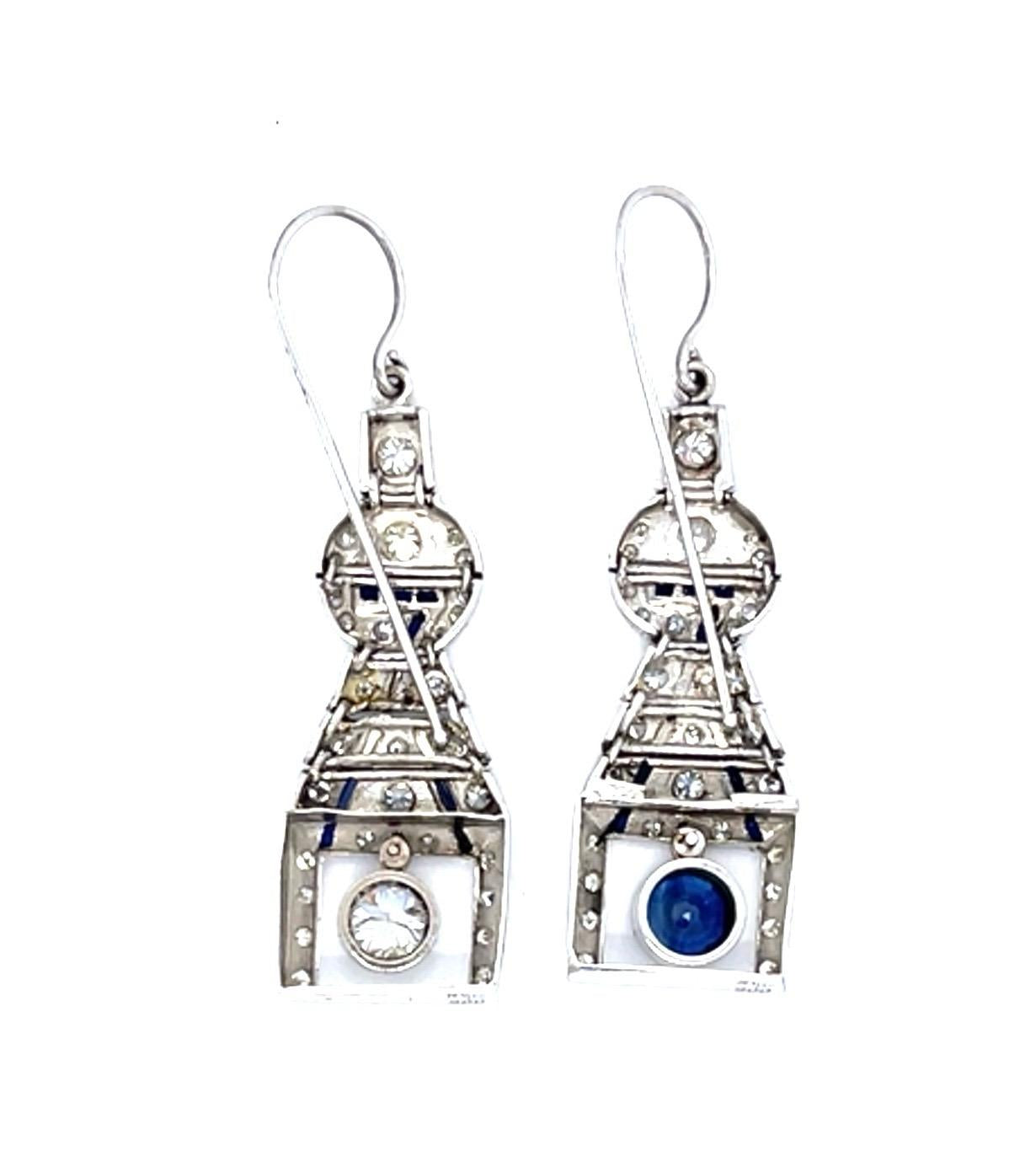 Art Deco .65ct Euro Diamond .70ct Sapphire 14KW Drop Earrings (Vintage 1930s)