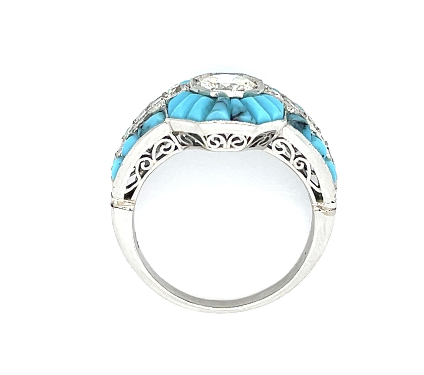 .63ct European Round Diamond + Turquoise Platinum Handmade Ring