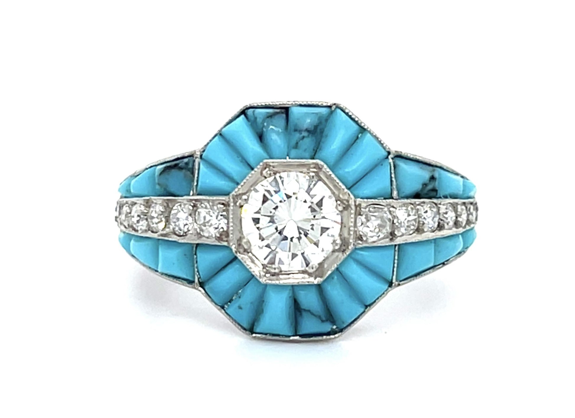 .63ct European Round Diamond + Turquoise Platinum Handmade Ring