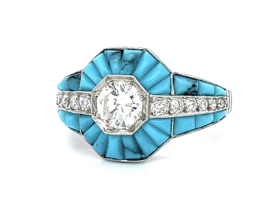 .63ct European Round Diamond + Turquoise Platinum Handmade Ring