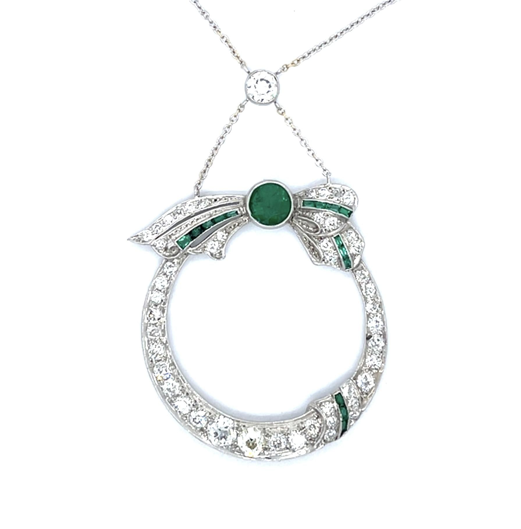 Art Deco 1ct Emerald .48ct Old Euro Center Diamond Platinum Pendant (1920s)