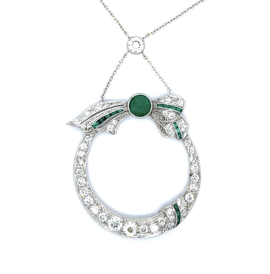 Art Deco 1ct Emerald .48ct Old Euro Center Diamond Platinum Pendant (1920s)