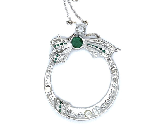 Art Deco 1ct Emerald .48ct Old Euro Center Diamond Platinum Pendant (1920s)