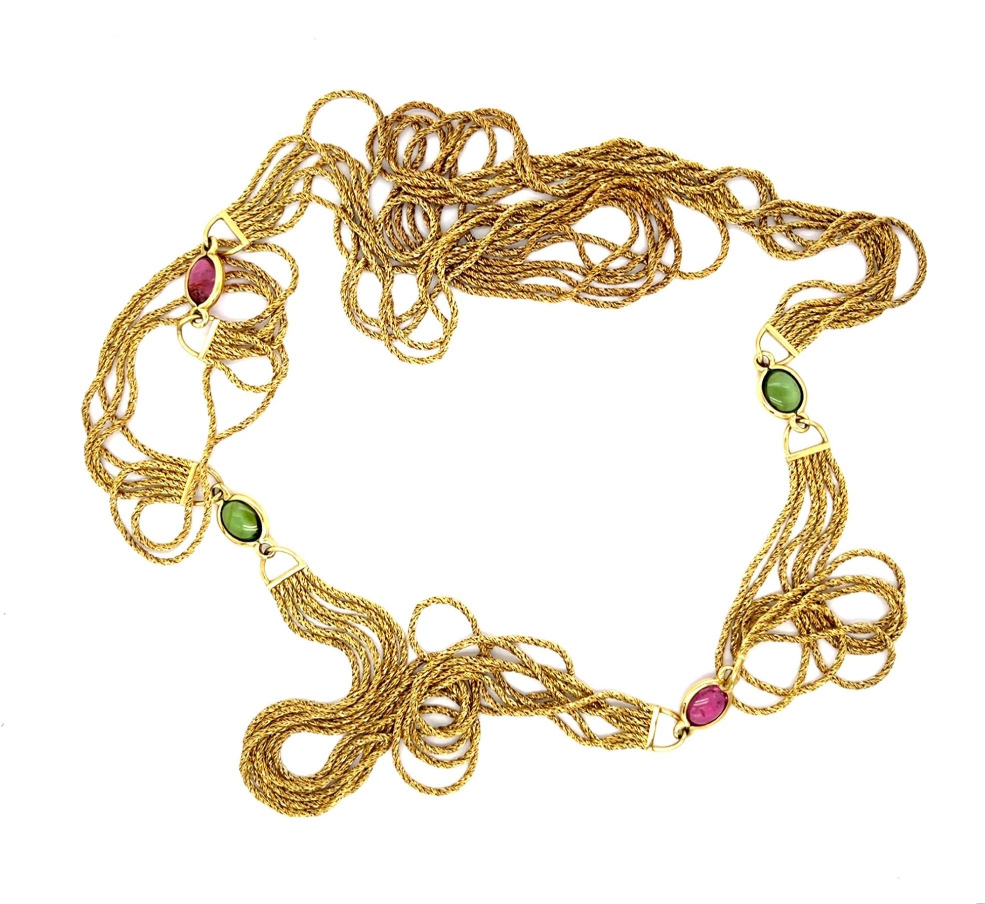 German Cabochon Pink+Green Tourmaline 18KY Six Strand Rope Necklace