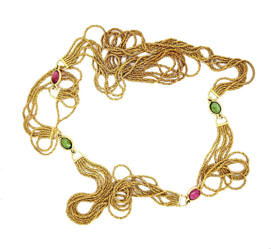 German Cabochon Pink+Green Tourmaline 18KY Six Strand Rope Necklace