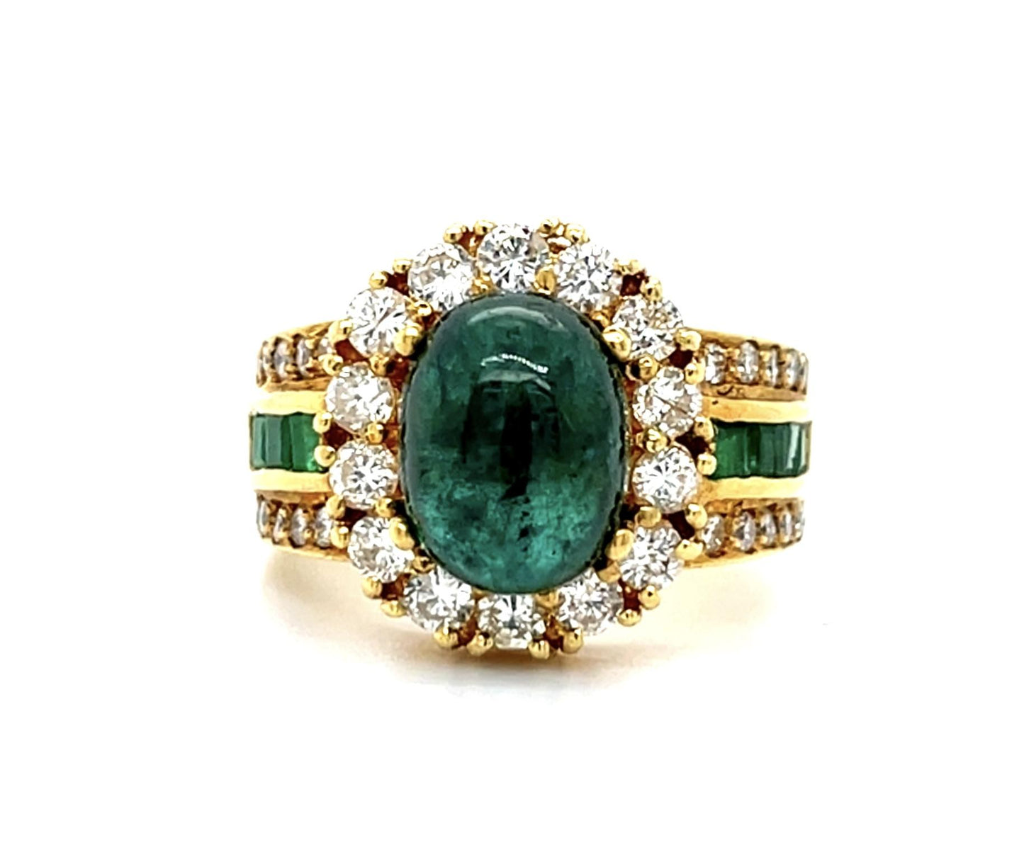 3.58ct Cab Emerald .92ct Diamond 18KY Ring .32ct Eme