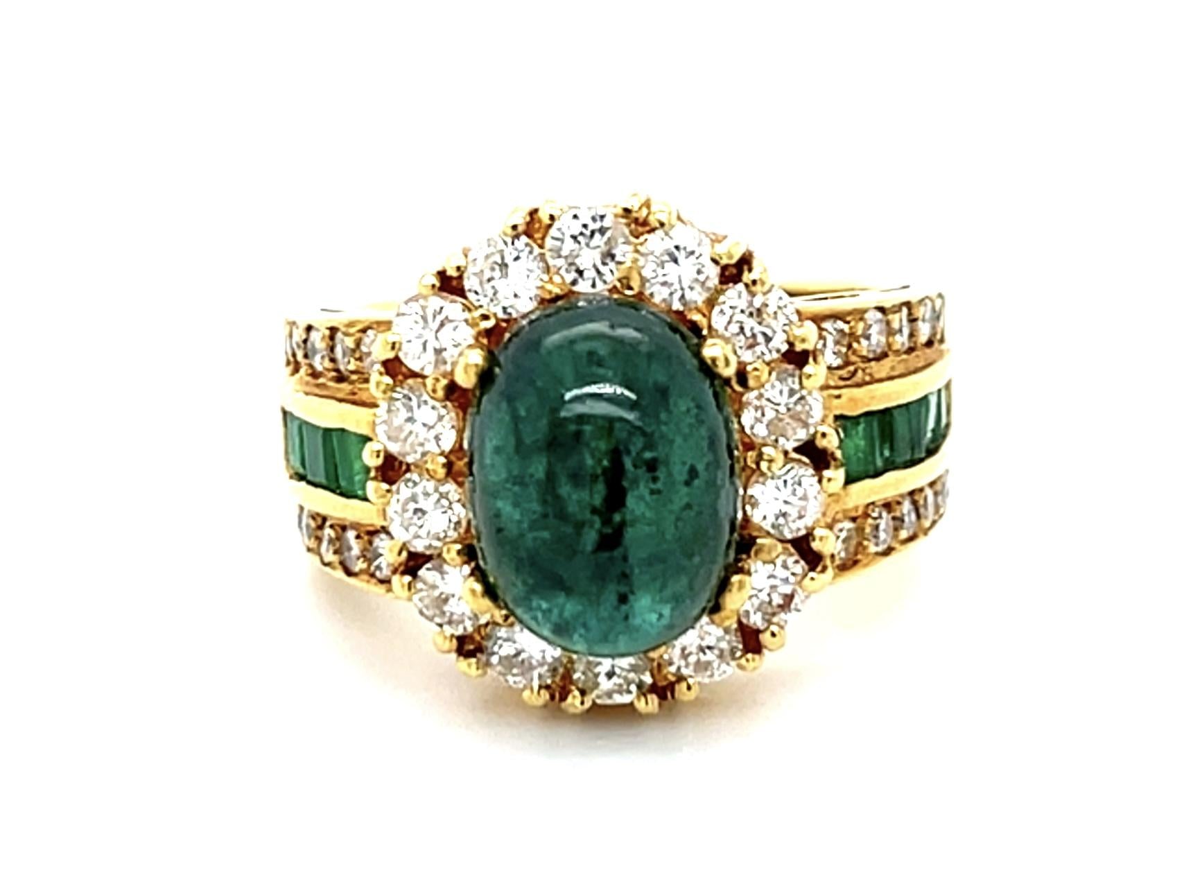3.58ct Cab Emerald .92ct Diamond 18KY Ring .32ct Eme