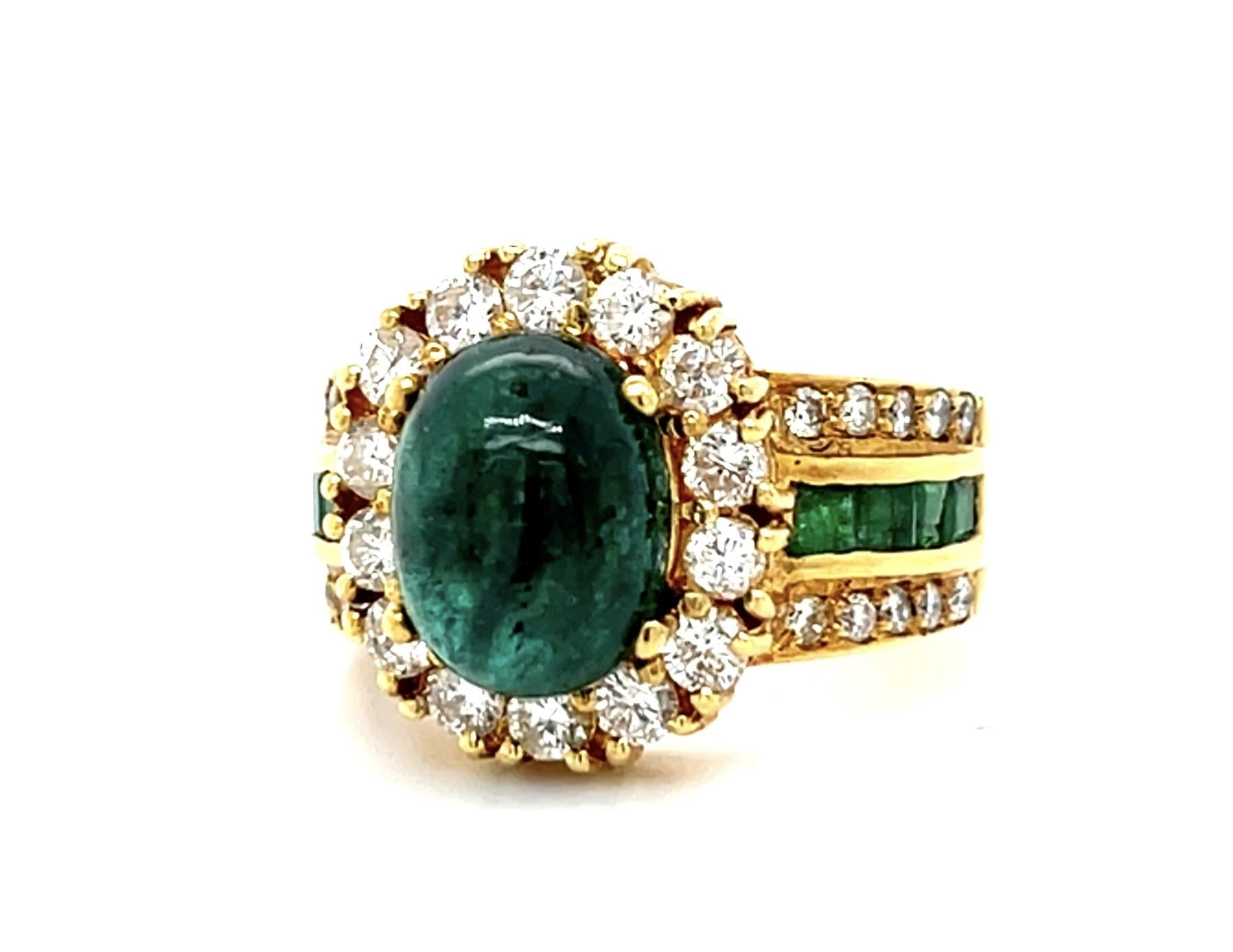 3.58ct Cab Emerald .92ct Diamond 18KY Ring .32ct Eme