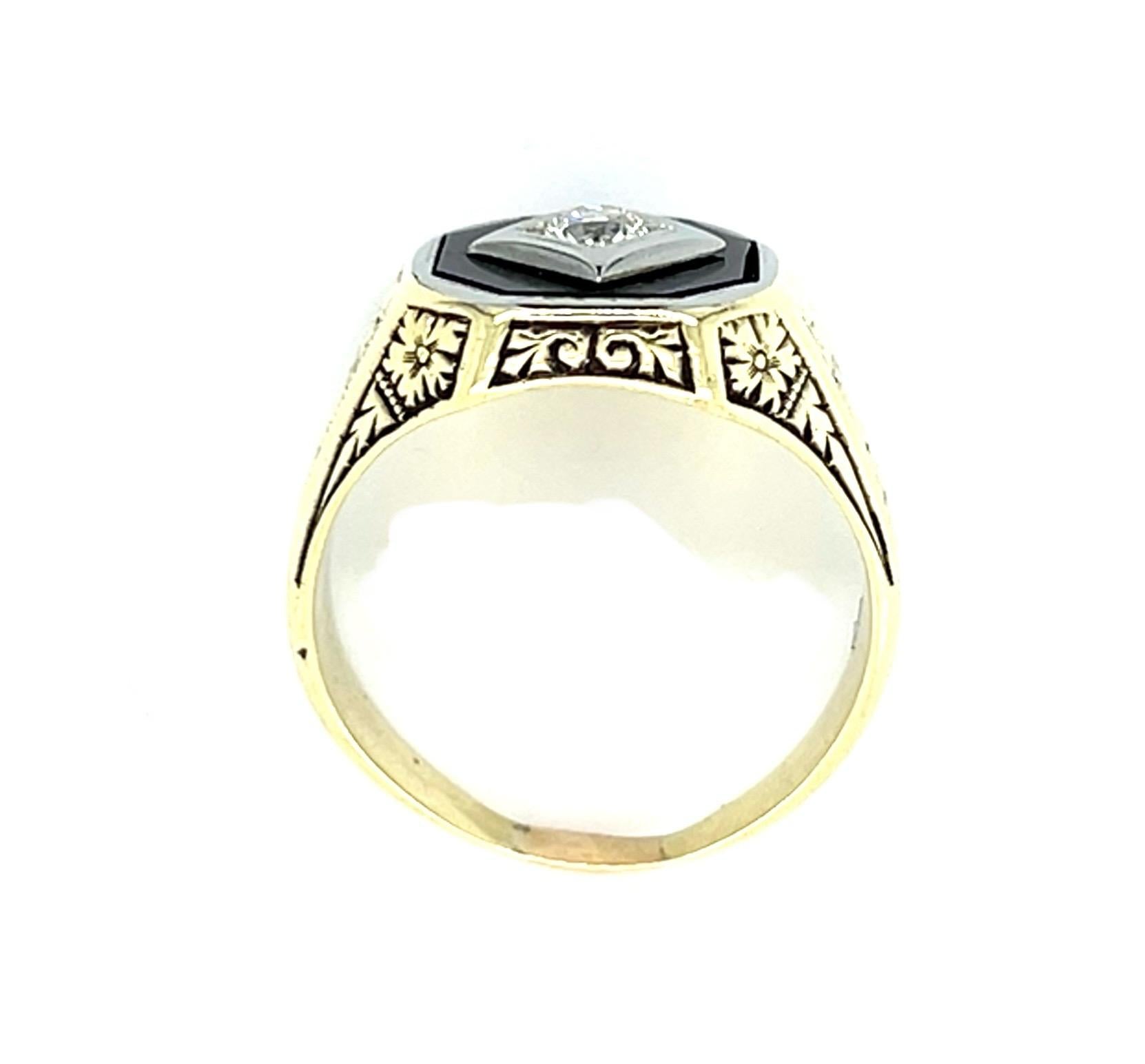 Original Art Deco Men's .25ct Euro Dia + Onyx 14KY Ring (Vintage 1930s)