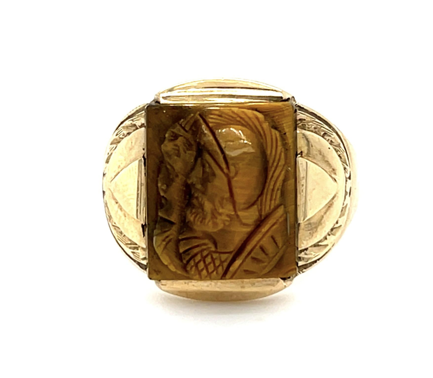 10KY Victorian Carved Tiger's Eye "Two Face" Huntsman Ring Circa 1890s