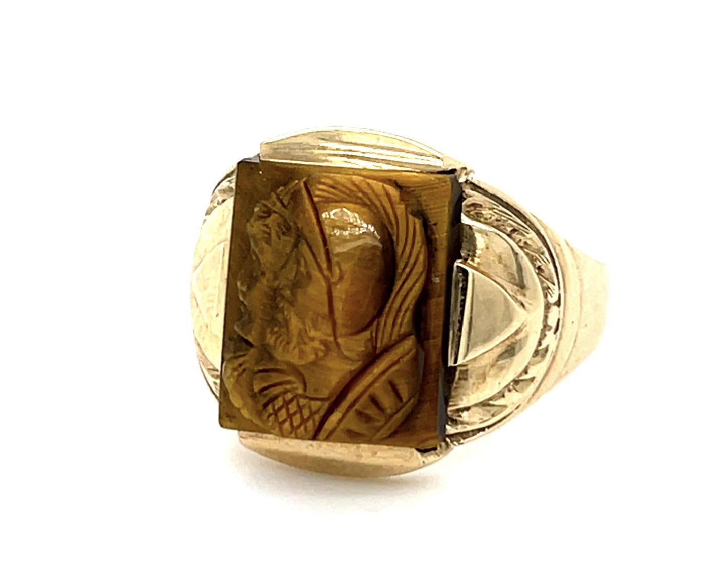 10KY Victorian Carved Tiger's Eye "Two Face" Huntsman Ring Circa 1890s