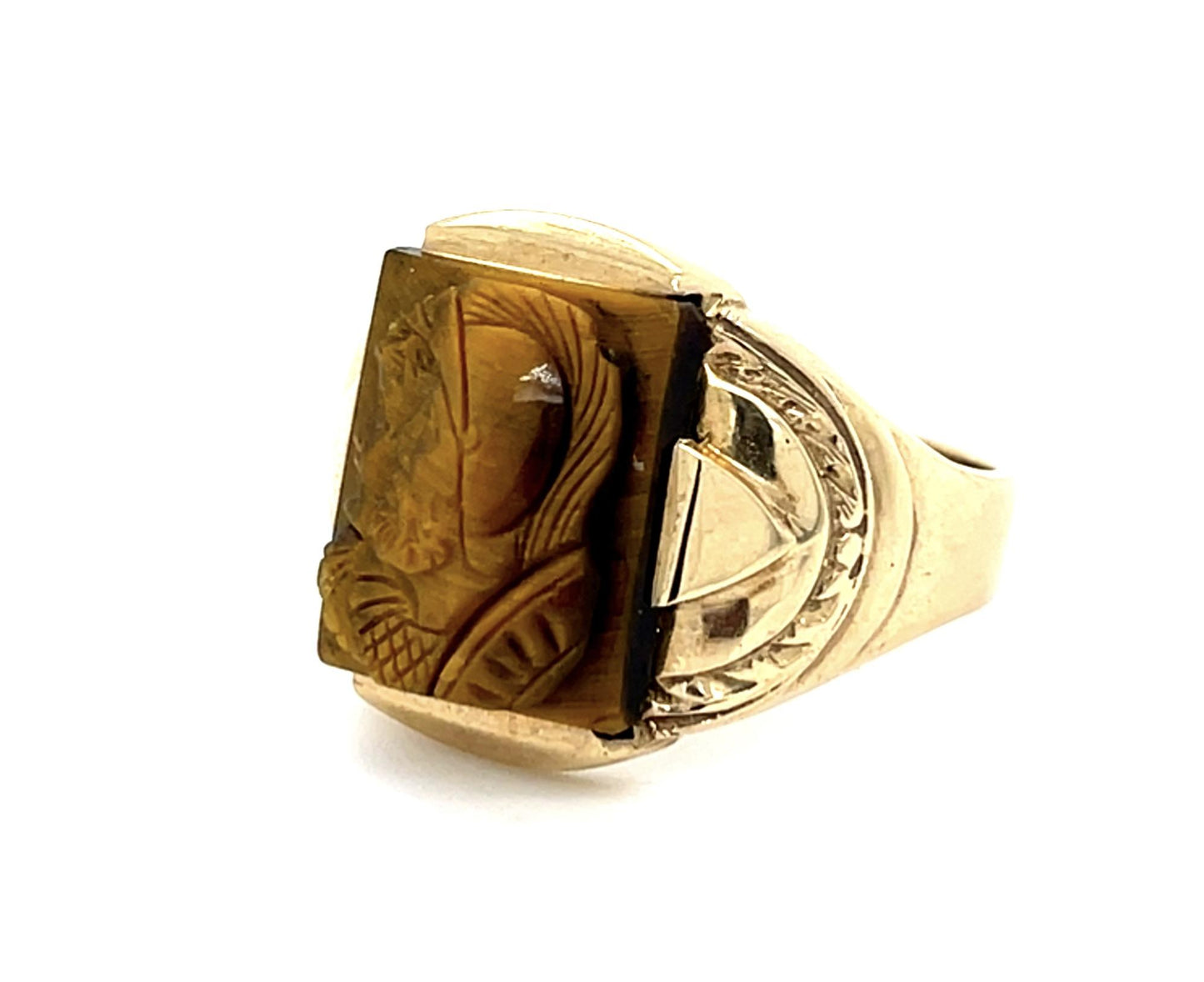 10KY Victorian Carved Tiger's Eye "Two Face" Huntsman Ring Circa 1890s