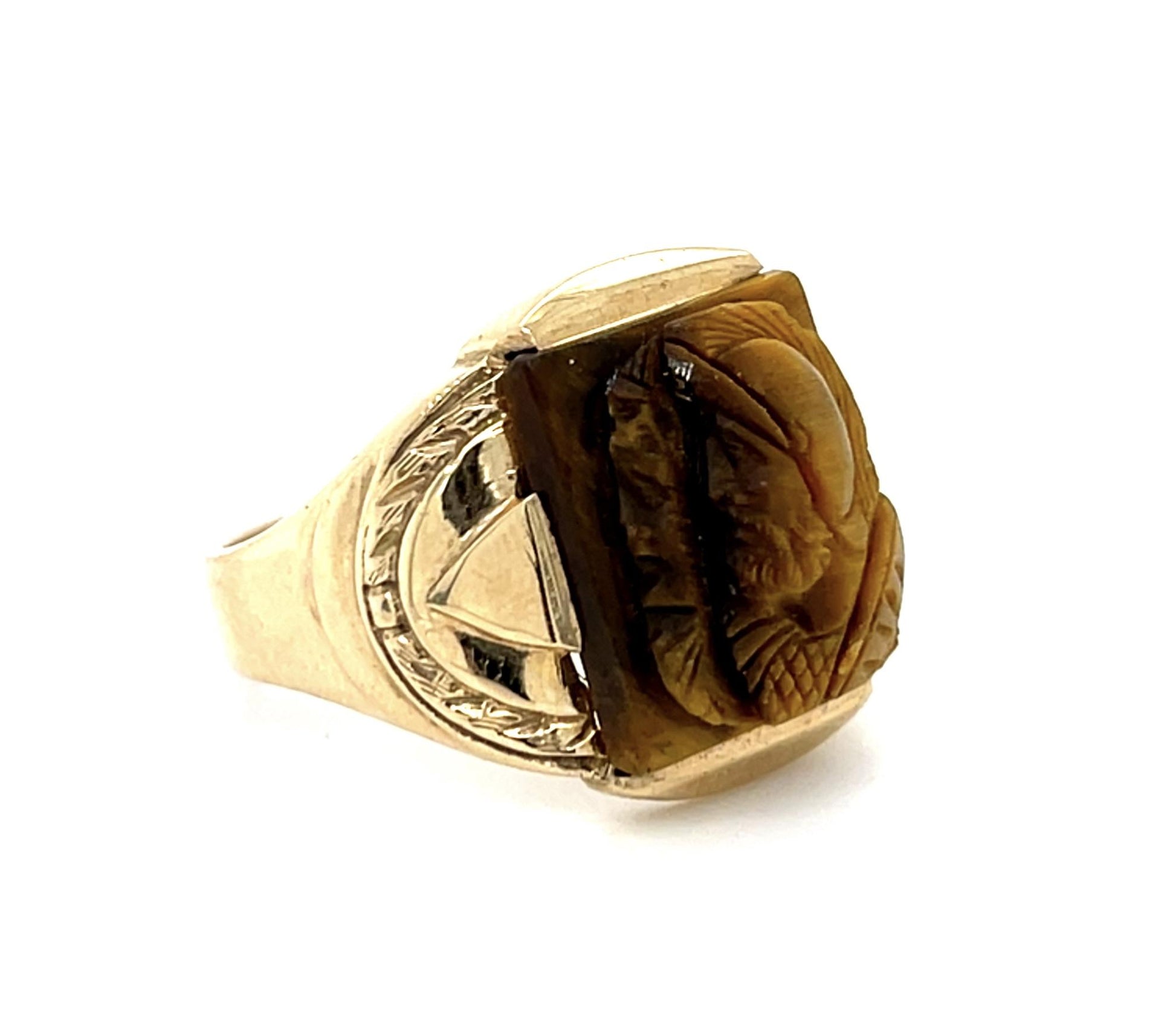 10KY Victorian Carved Tiger's Eye "Two Face" Huntsman Ring Circa 1890s