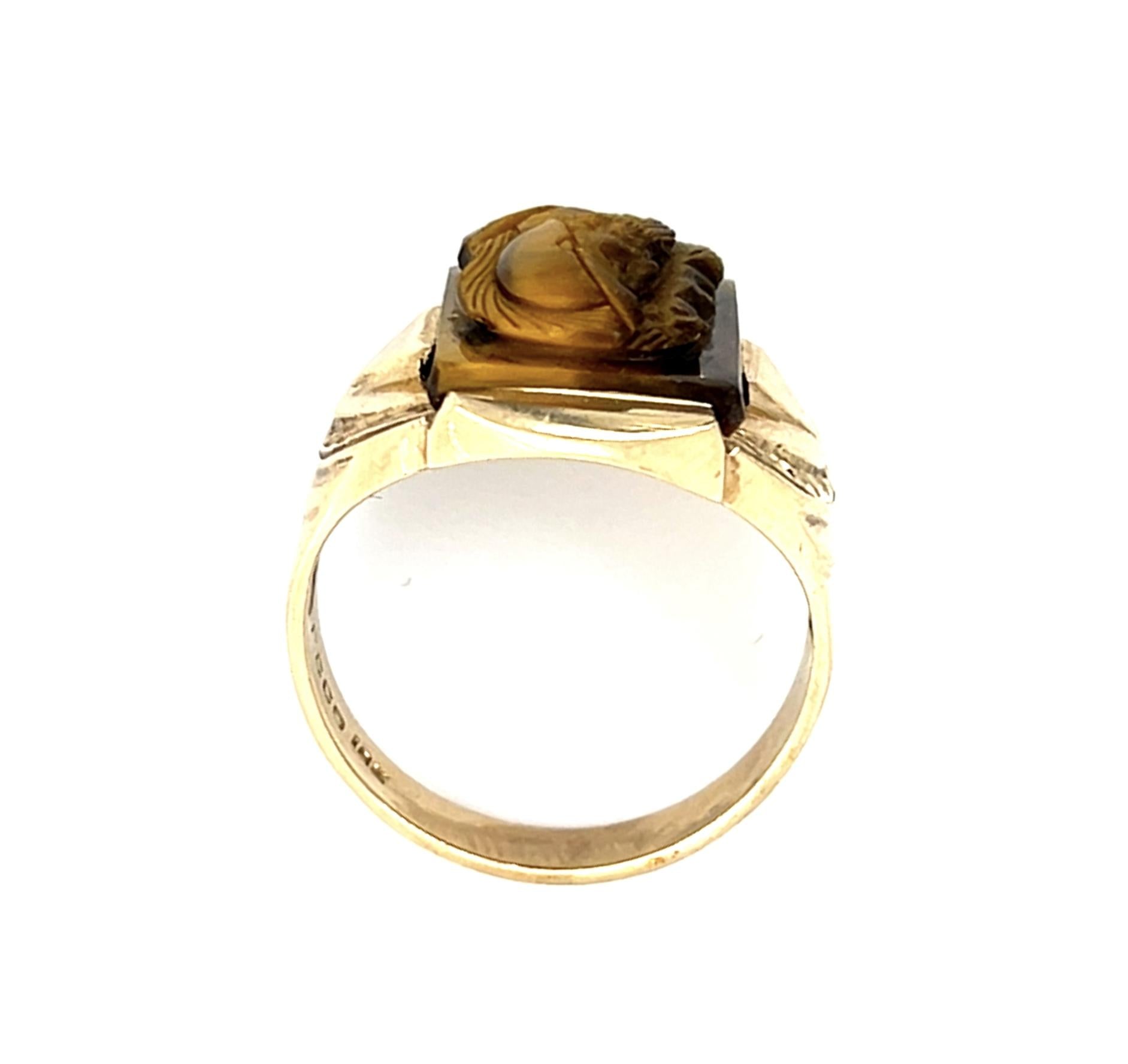 10KY Victorian Carved Tiger's Eye "Two Face" Huntsman Ring Circa 1890s