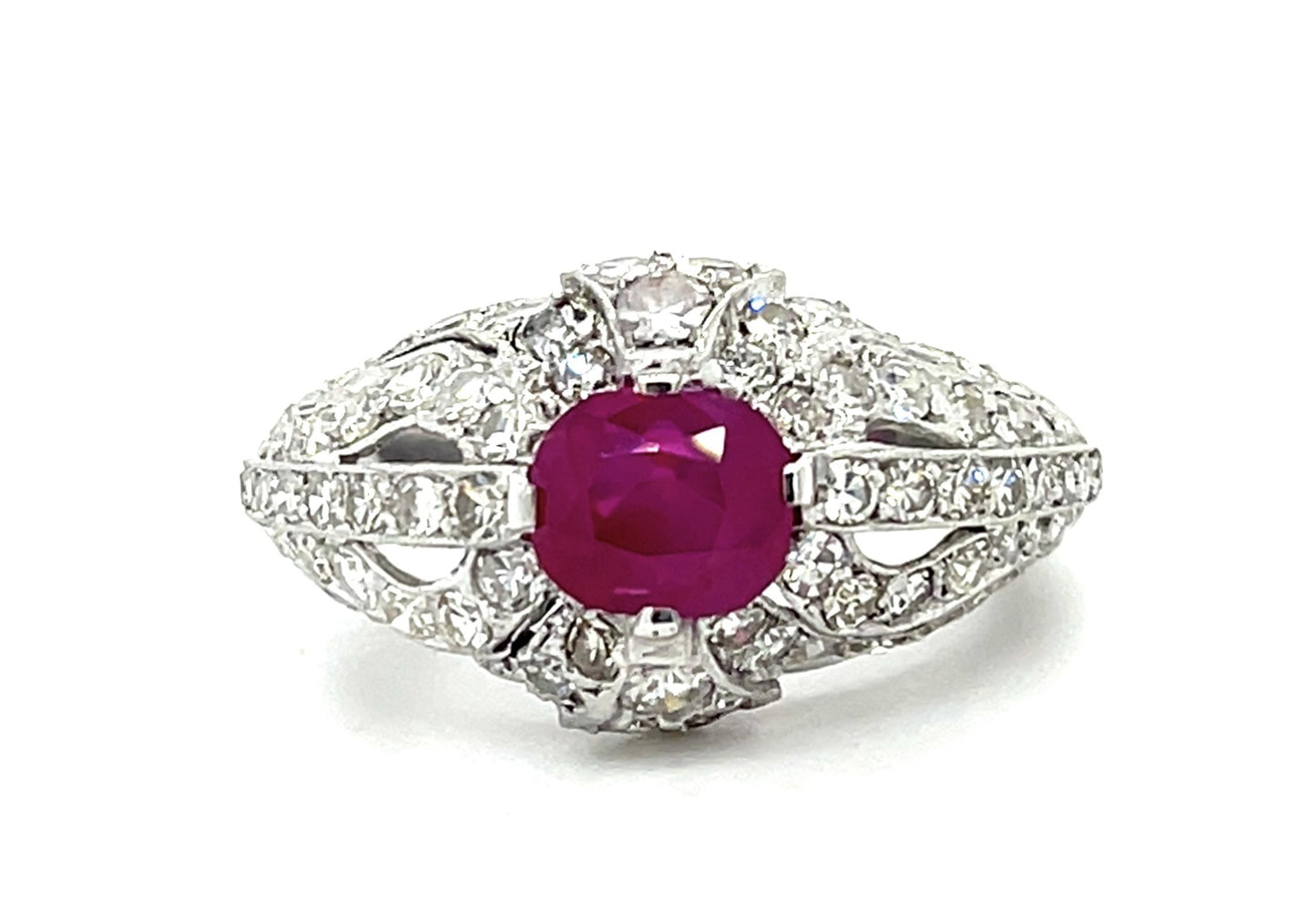 1.71ct Burma No Heat Ruby Platinum Handmade Ring (Vintage 1940s)