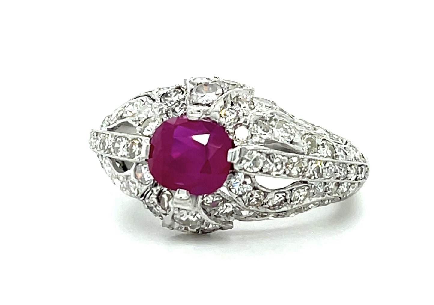 1.71ct Burma No Heat Ruby Platinum Handmade Ring (Vintage 1940s)