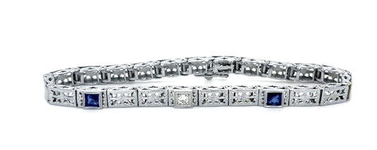 Original Art Deco .12ct Diamond Blue Stone 14KW Bracelet (Vintage 1930s)