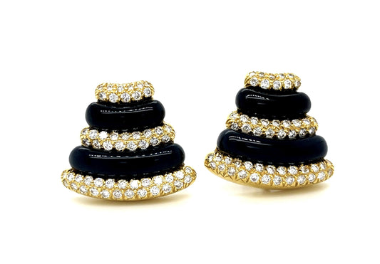2ct (104 Diamond) + Onyx 18KY Earrings (Vintage 1970s)