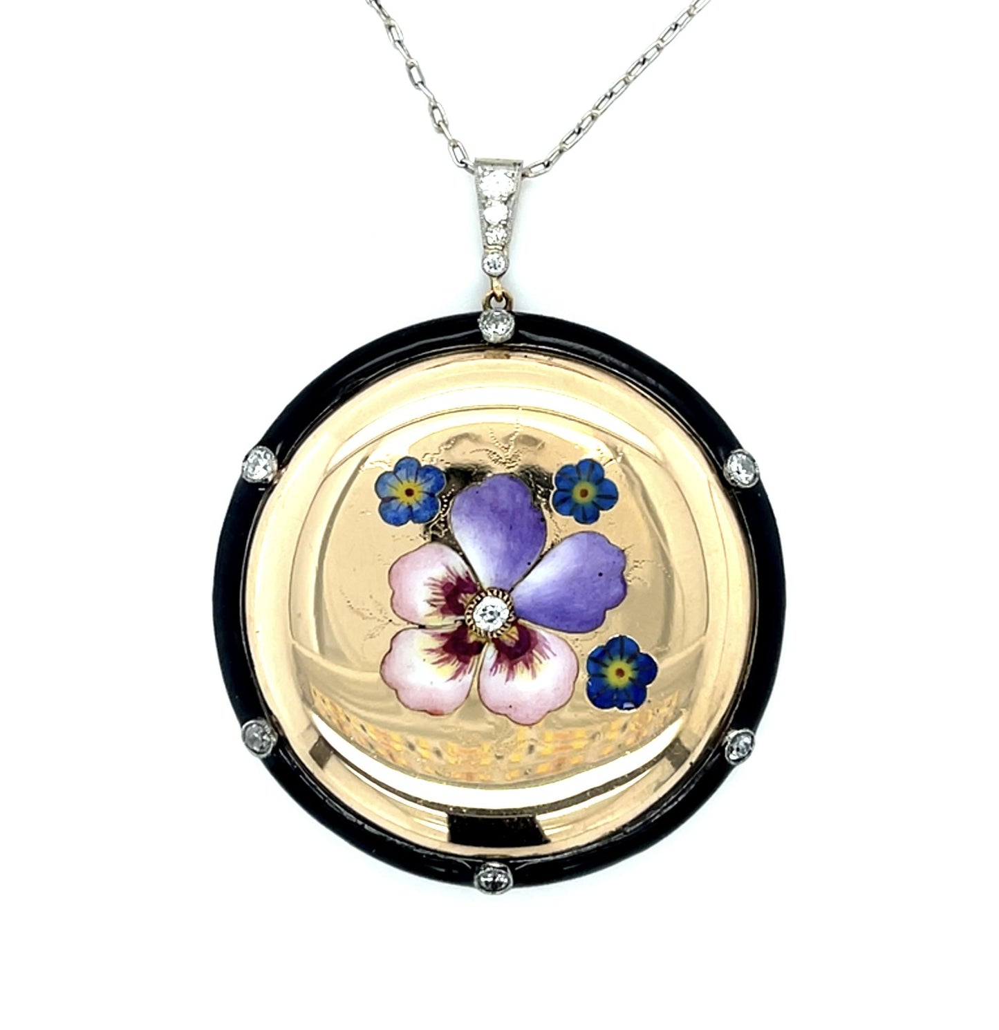 Victorian .46ct Old Mine Diamond + Enamel 14KY+Platinum Pendant