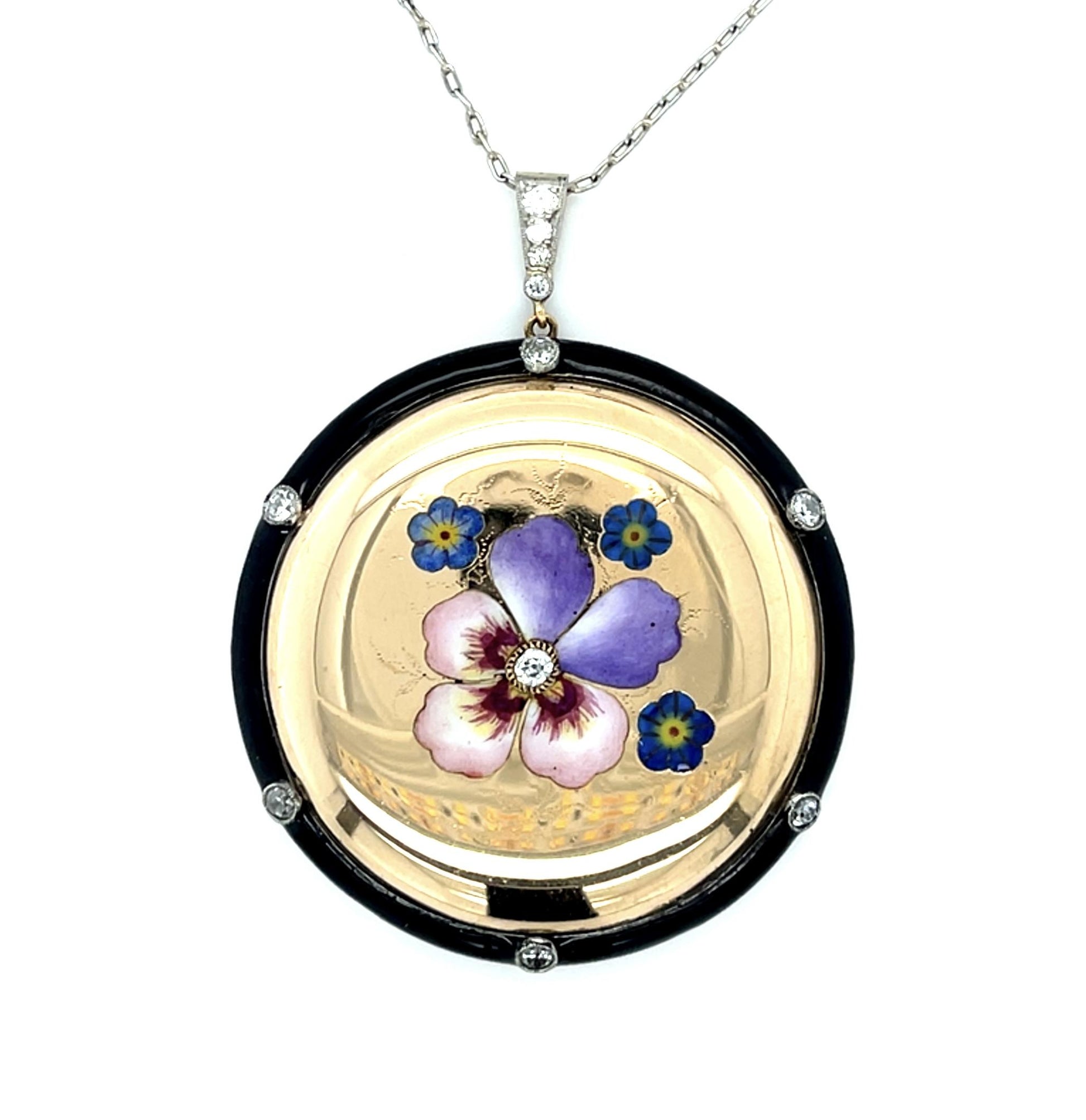 Victorian .46ct Old Mine Diamond + Enamel 14KY+Platinum Pendant
