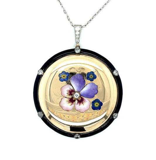 Victorian .46ct Old Mine Diamond + Enamel 14KY+Platinum Pendant