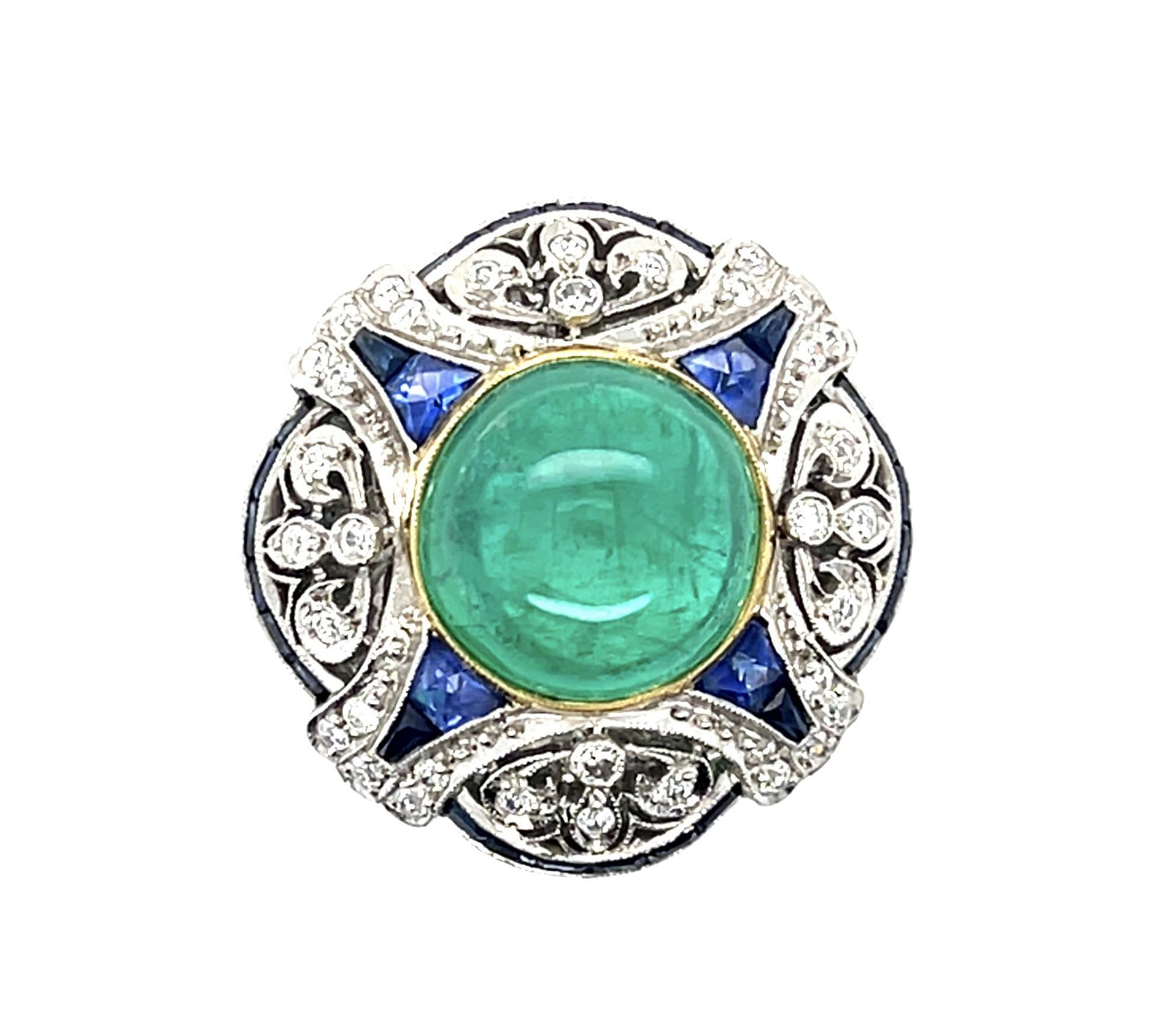 5.30ct Colombian Cabochon Emerald .61ct Dia+2ct Saph PT Handmade Ring
