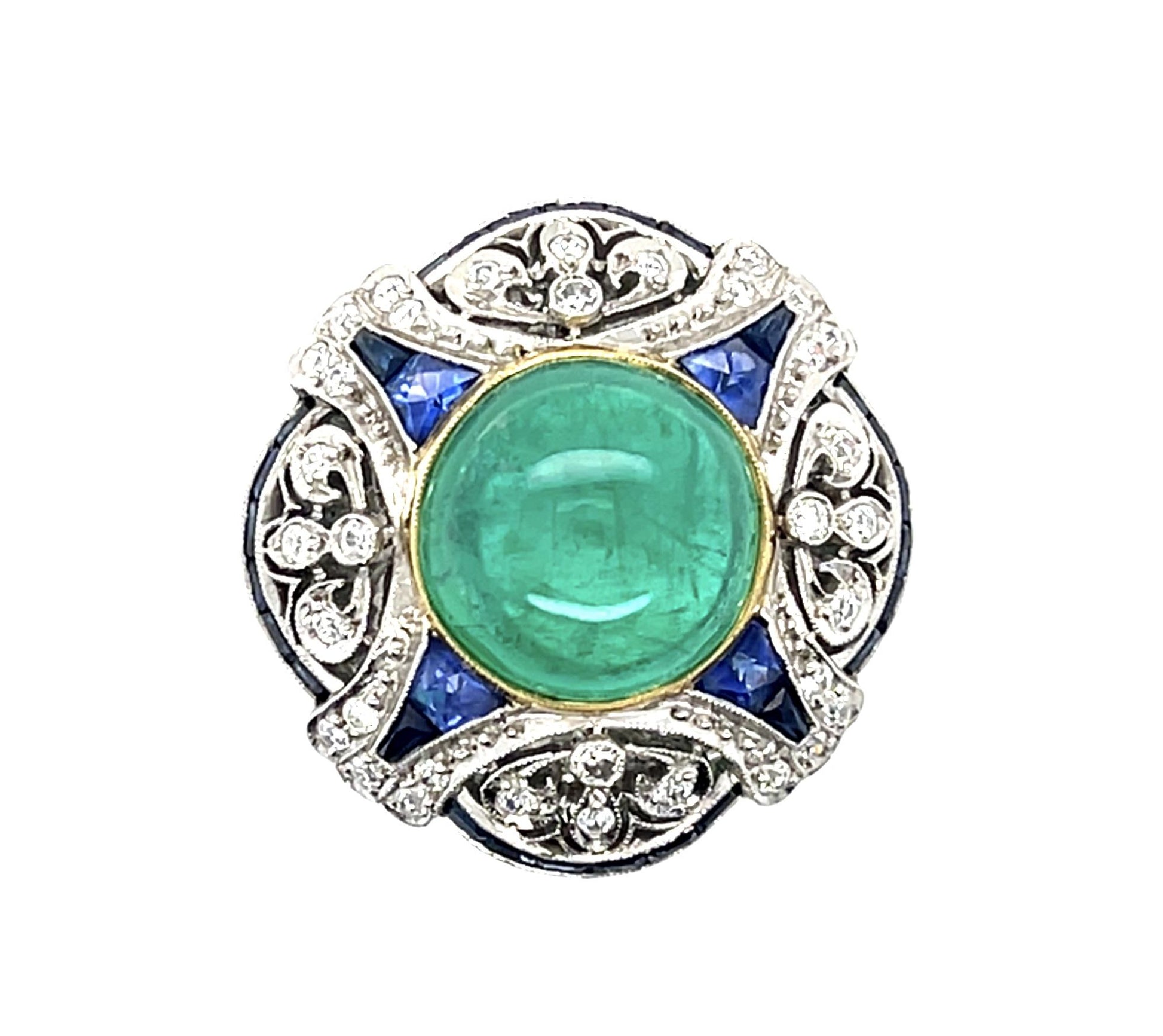 5.30ct Colombian Cabochon Emerald .61ct Dia+2ct Saph PT Handmade Ring