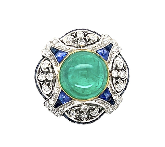 5.30ct Colombian Cabochon Emerald .61ct Dia+2ct Saph PT Handmade Ring